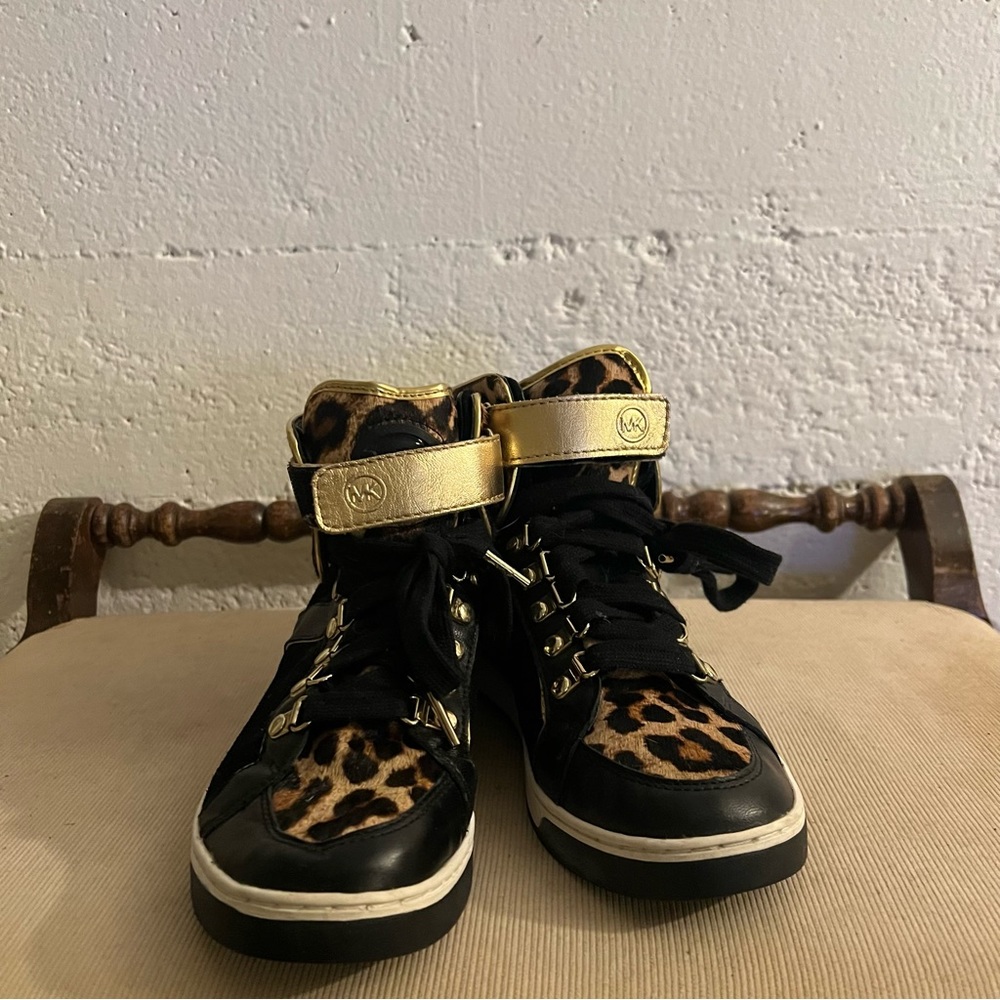 Michael Kors 7 LEOPARD AND BLACK LEATHER HIGH TOP SNEAKERS - Picture 6 of 6